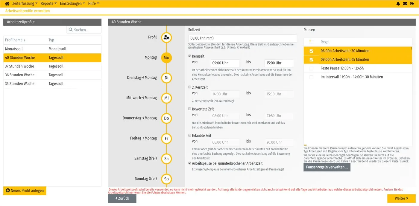 Konfiguration von Arbeitszeitprofilen in timeCard