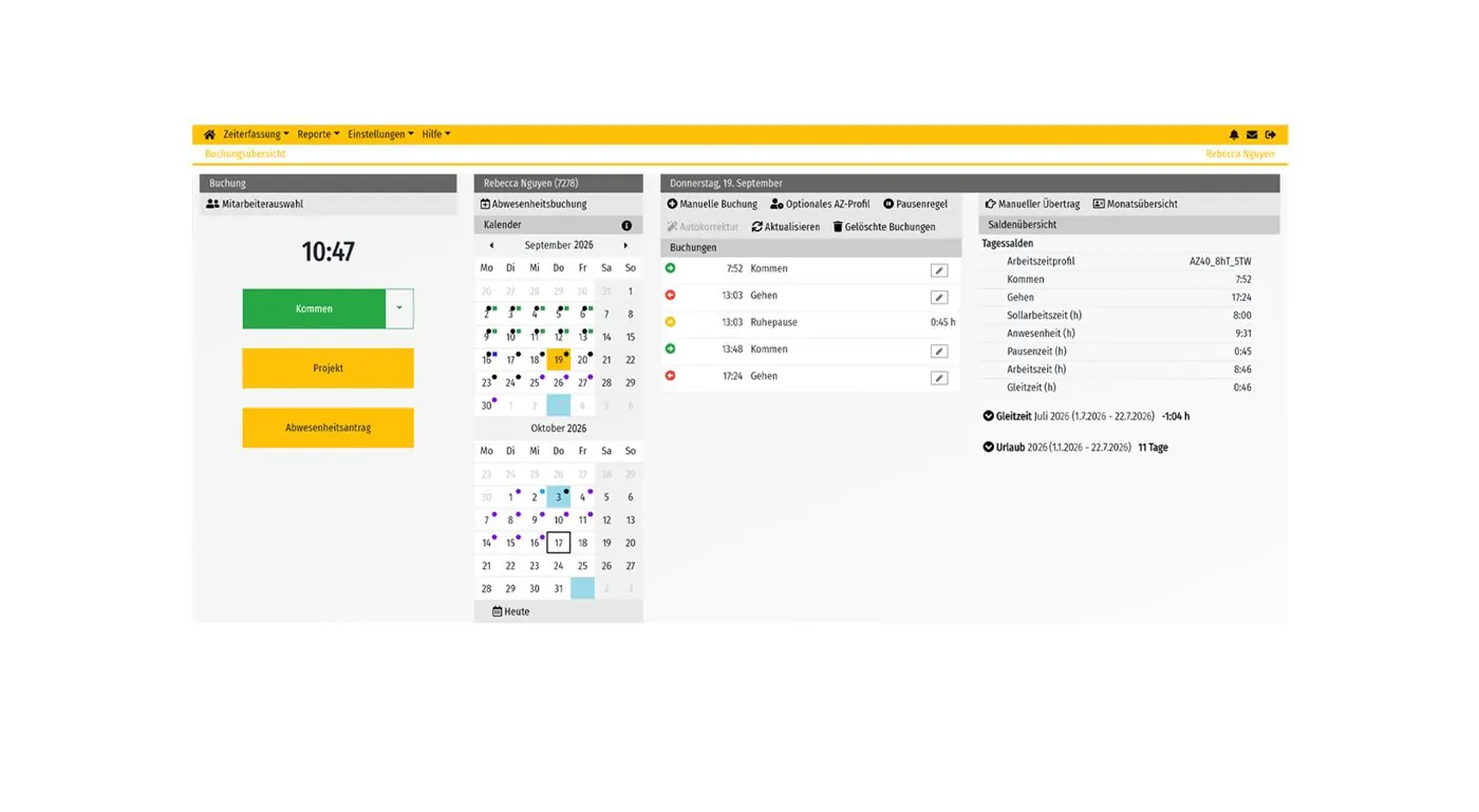 Buchungsübersicht in der browserbasierten timeCard Zeiterfassung
